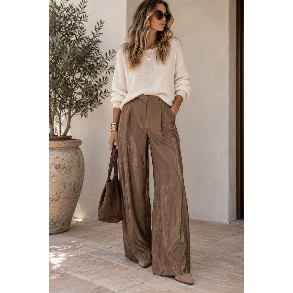 Zara Bronze Metallic Shimmer Wide Leg Pleated Trousers High Waist Small